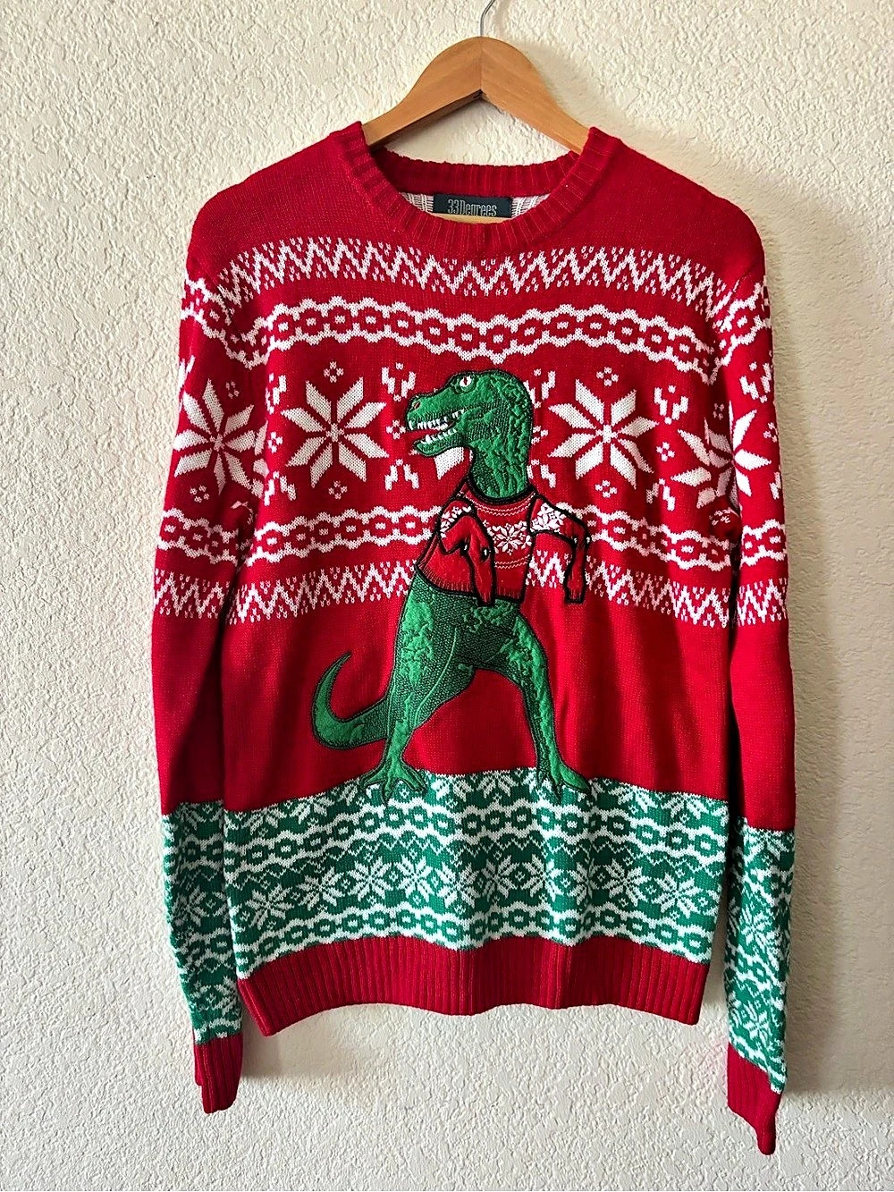 Holiday Dinosaur Sweater in Red & Green Large